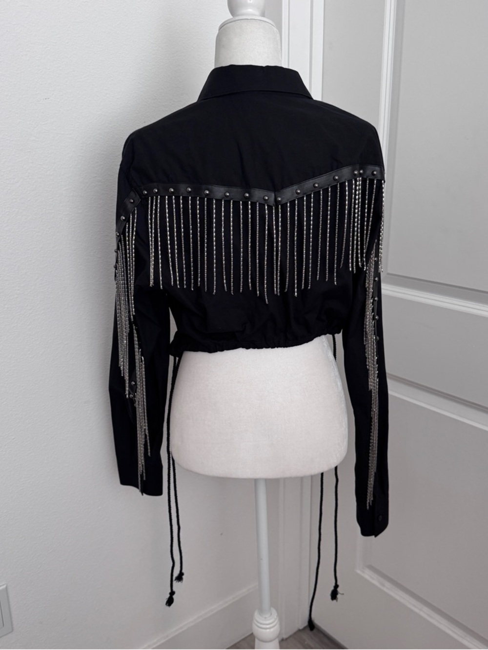 Reworked Black fringe crop button up with scrunch detail